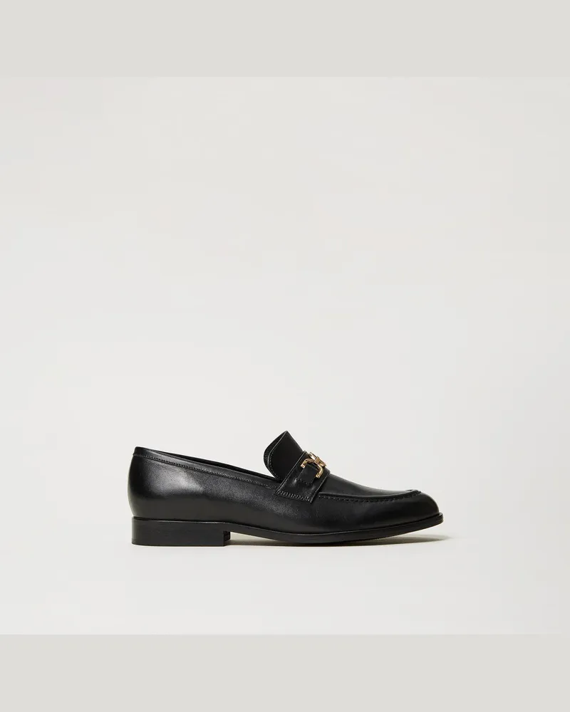 Twin-Set Schuhe - Ledermokassin mit „Oval T"-Ziertrense, Schwarz, Größe Schwarz