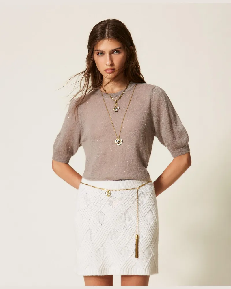 Twin-Set Kurzer Strickrock mit Flechtdetail, Damen, Weiß Schnee Weiß