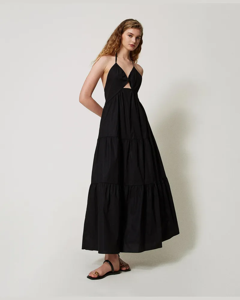 Twin-Set Kleider - Langes Stufenkleid aus Popeline, Schwarz, Baumwolle, Größe Schwarz