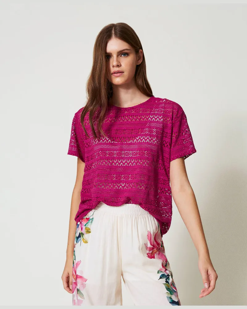 Twin-Set T-Shirts - T-Shirt im Regular-Fit in Spitzenoptik, Magentaviolett, Größe: M 