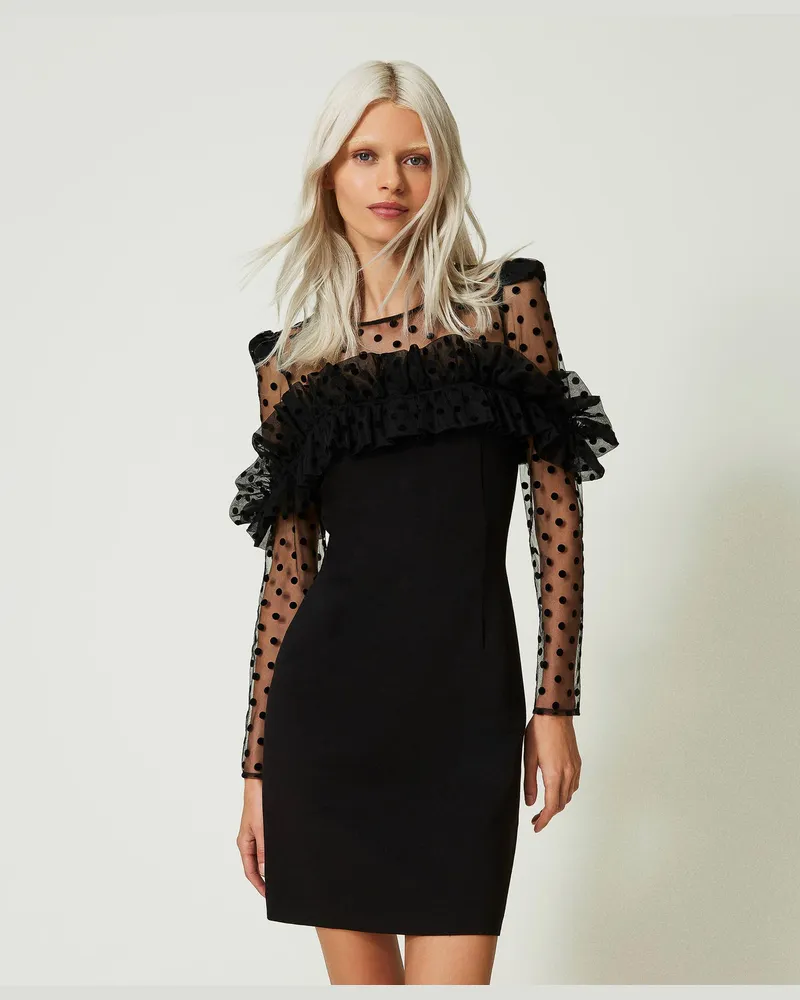 Actitude by Twinset Kleider - Kurzes Kleid mit Flock-Tüll, Schwarz, Größe Schwarz