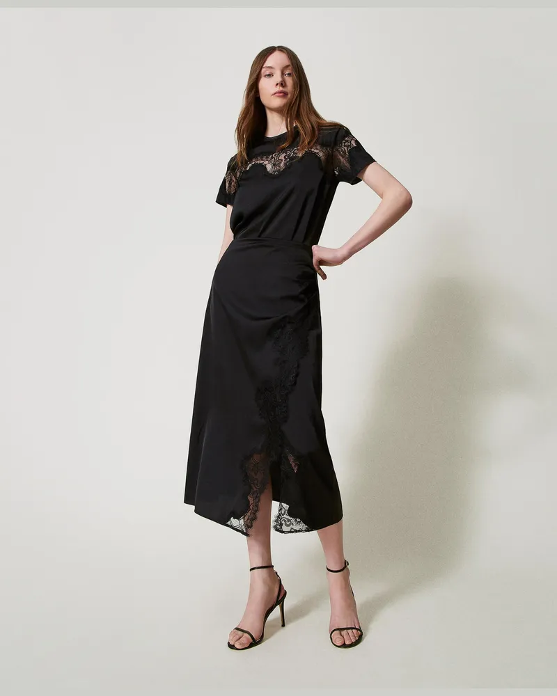 Twin-Set Röcke - Midirock aus Satin und Spitze, Schwarz, Größe Schwarz