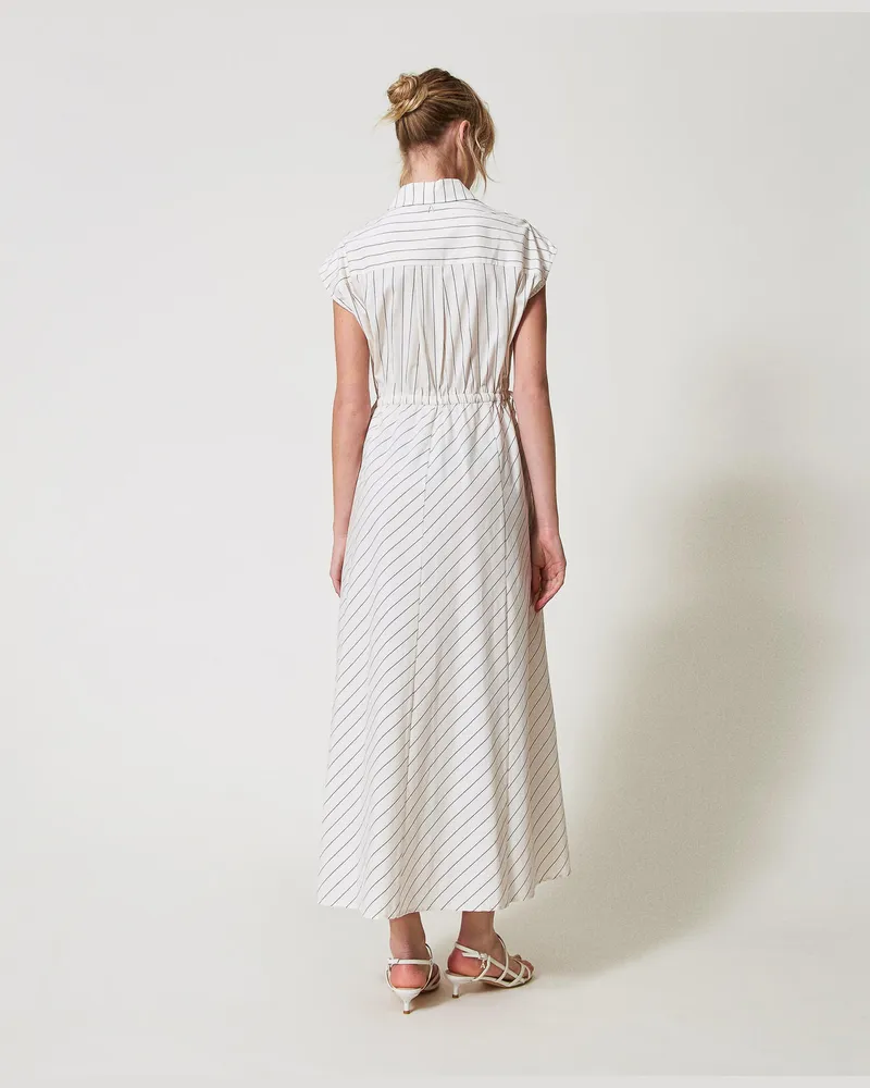 Actitude by Twinset Kleider - Maxikleid aus Popeline mit Makramee, "Angora"-Beige / Schwarz Stripes, Gestreift, Größe Angora-beige