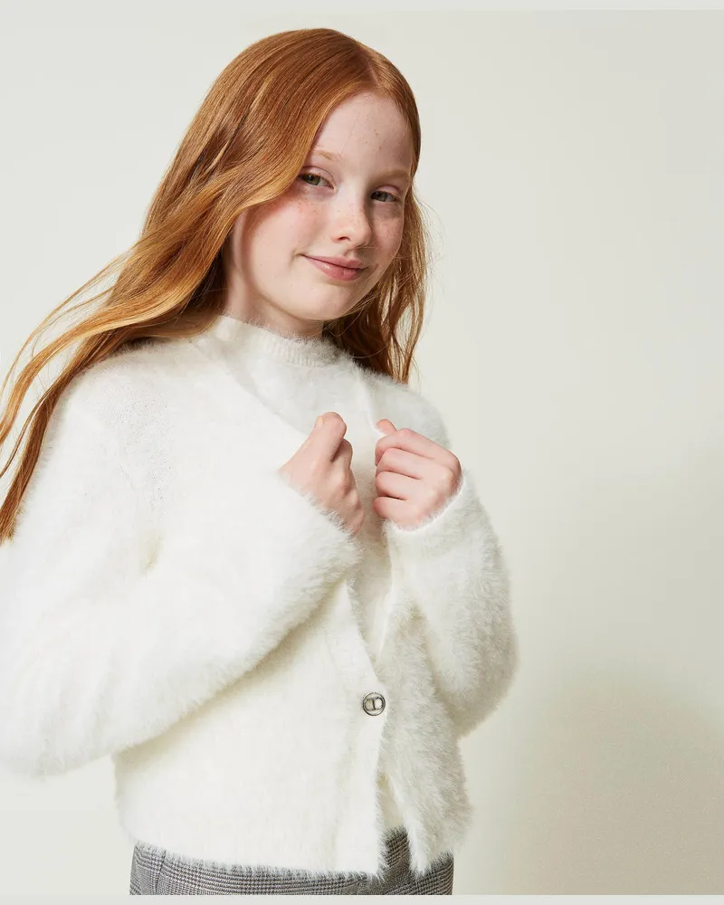 Twin-Set Pullover und Cardigan mit „Oval T"-Knopf, Mattweiß, Größe: 8A 