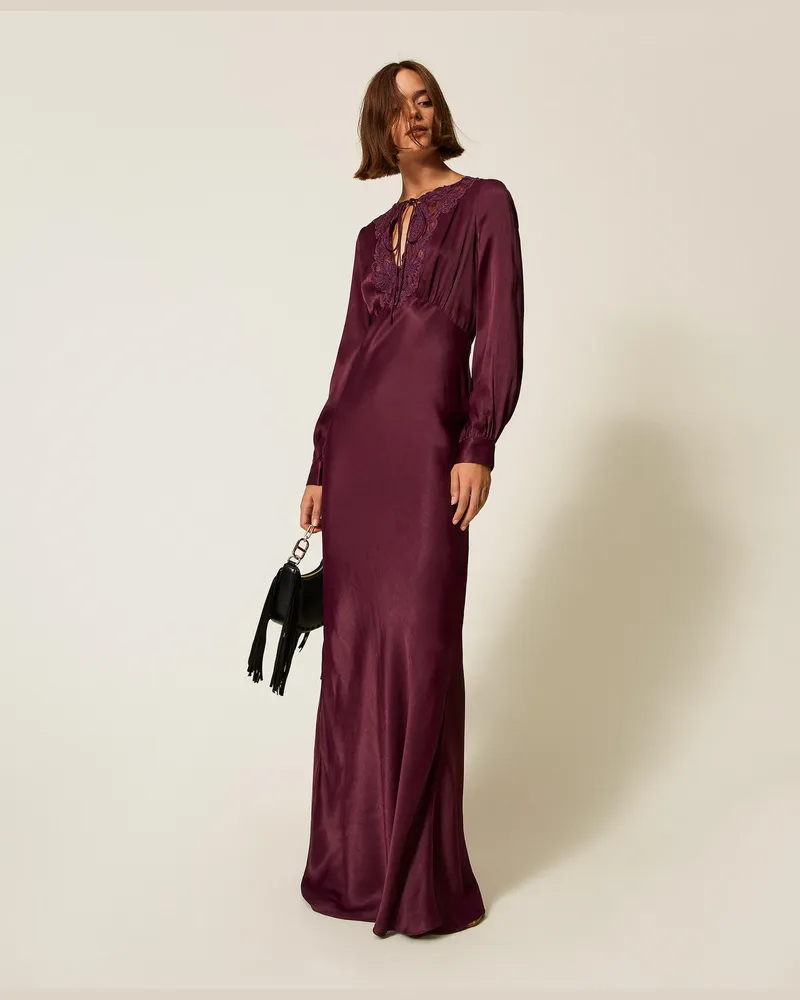 Twin-Set Kleider - Langes Kleid aus Satin mit Stickerei, Purple Eden, Größe Purple