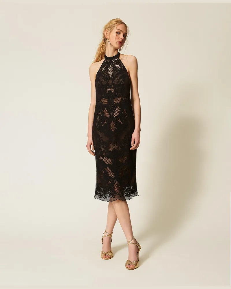 Twin-Set Langes Kleid aus Mesh mit Stickerei Schwarz