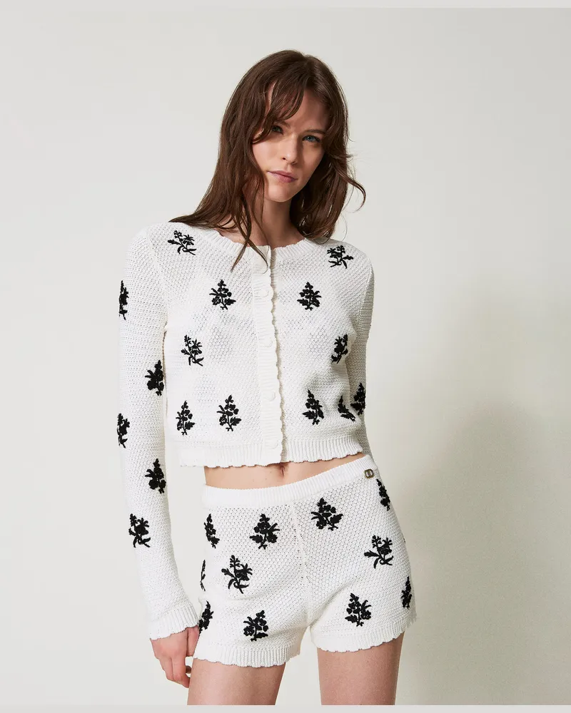 Twin-Set Cardigans - Cardigan mit Stickblumen, "Schneeweiß"-Weiß Stickerei Schwarz, Mit Blumen, Größe: XXL 