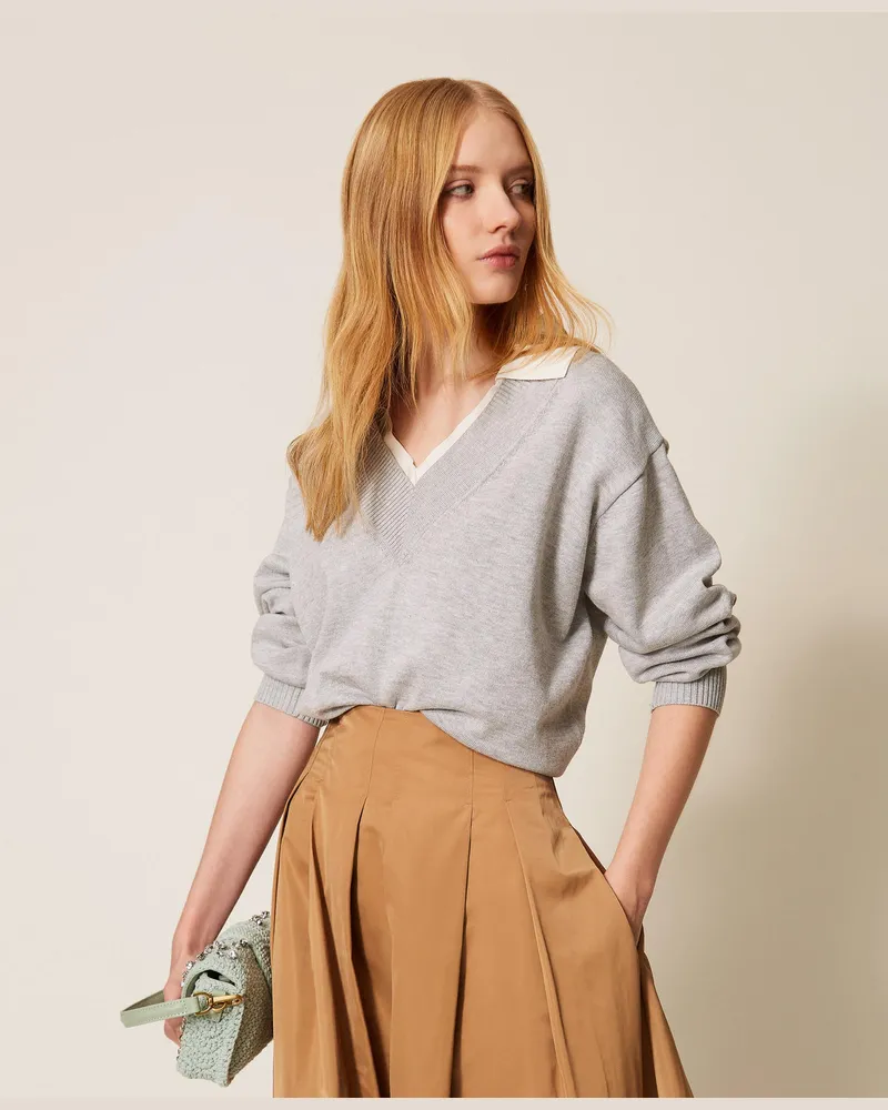 Twin-Set Pullover mit Kragen, Zweifarbig Hellgrau-Melange/Off White, Baumwolle, Größe Zweifarbig