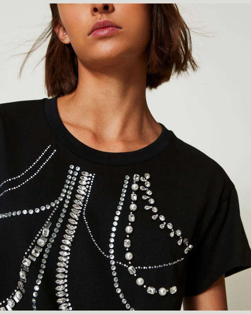 Actitude by Twinset T-Shirts - T-Shirt mit Stickereien und Perlen, Schwarz, Baumwolle, Größe: XXS 