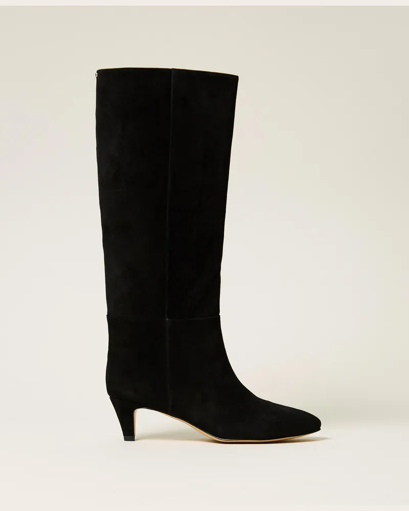 Twin-Set Hoher Stiefel aus Veloursleder, Damen, Schwarz Schwarz