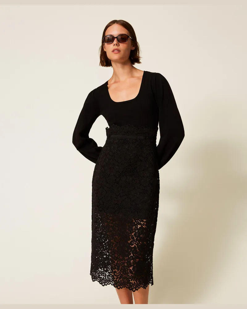 Twin-Set Kleider - Midikleid aus Gestrick und Spitze, Schwarz, Größe Schwarz