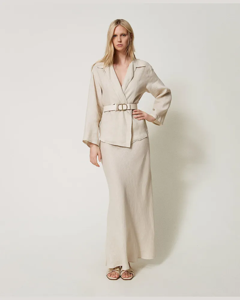 Twin-Set Röcke - Maxirock aus Leinen, „Kalter Sand"-Beige, Größe: 48 