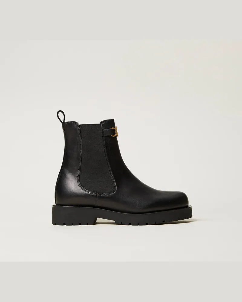Twin-Set Schuhe - Chelsea-Boot aus Leder mit Oval T, Schwarz, Größe Schwarz