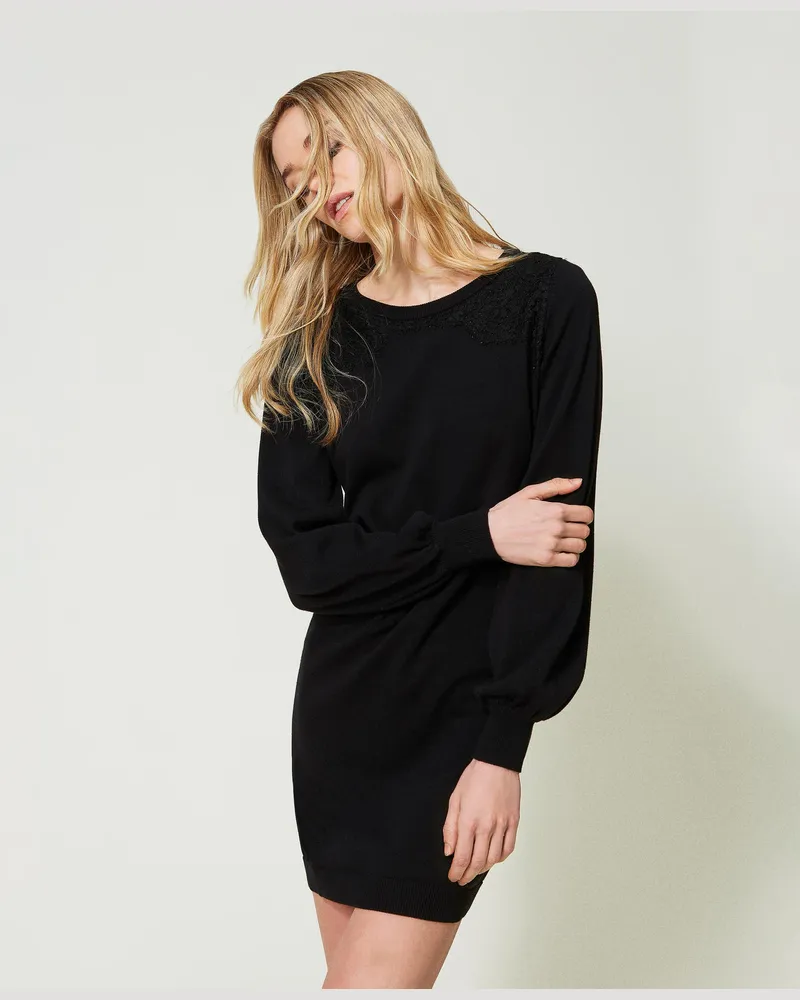 Twin-Set Kleider - Kurzes Strickkleid mit Spitze, Schwarz, Größe Schwarz