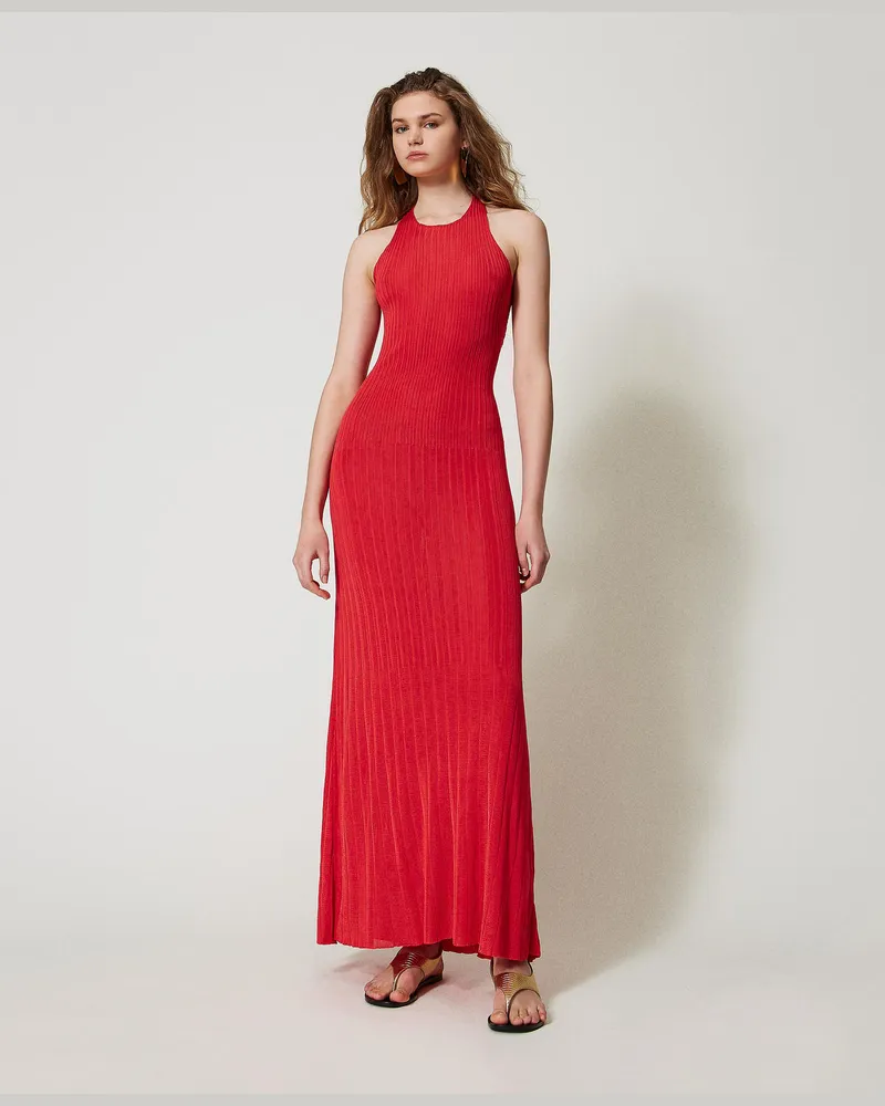 Twin-Set Kleider - Maxistrickkleid mit Plisseefalten, Rot Blood Orange, Größe Rot
