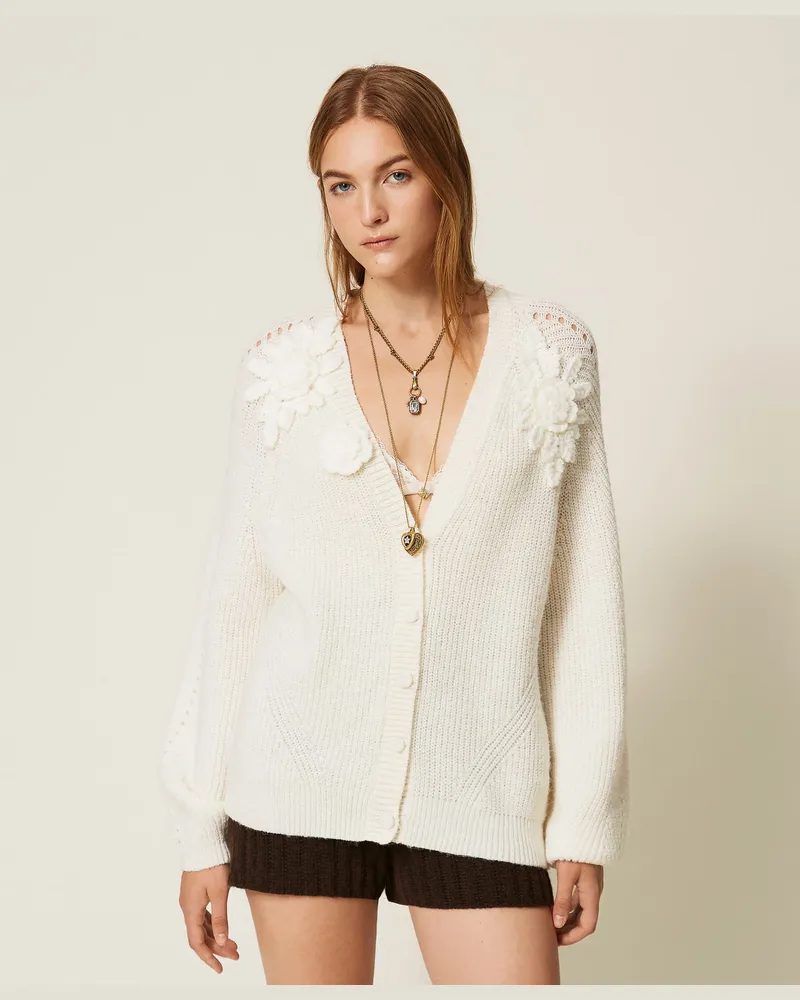 Twin-Set Cardigan mit Häkelblumen Perlmutt
