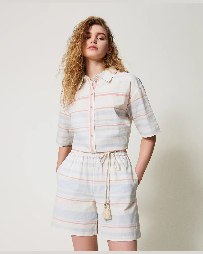 Twin-Set Bademode - Gestreifte Bermudashorts aus Leinenmischung, Streifen Sugar / Coral Sunset / Blue Topaz, Größe: S 