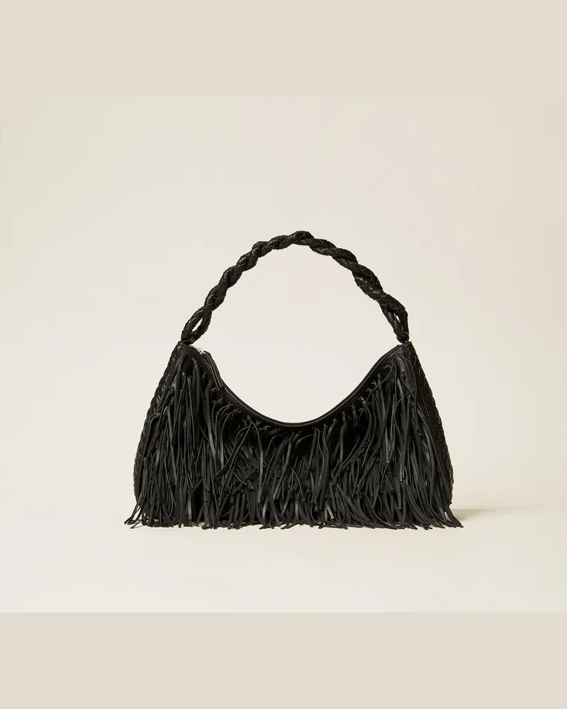 Twin-Set Taschen - Mittelgroße Ledertasche „Liliane" mit Fransen, Schwarz, Einheitsgröße Schwarz