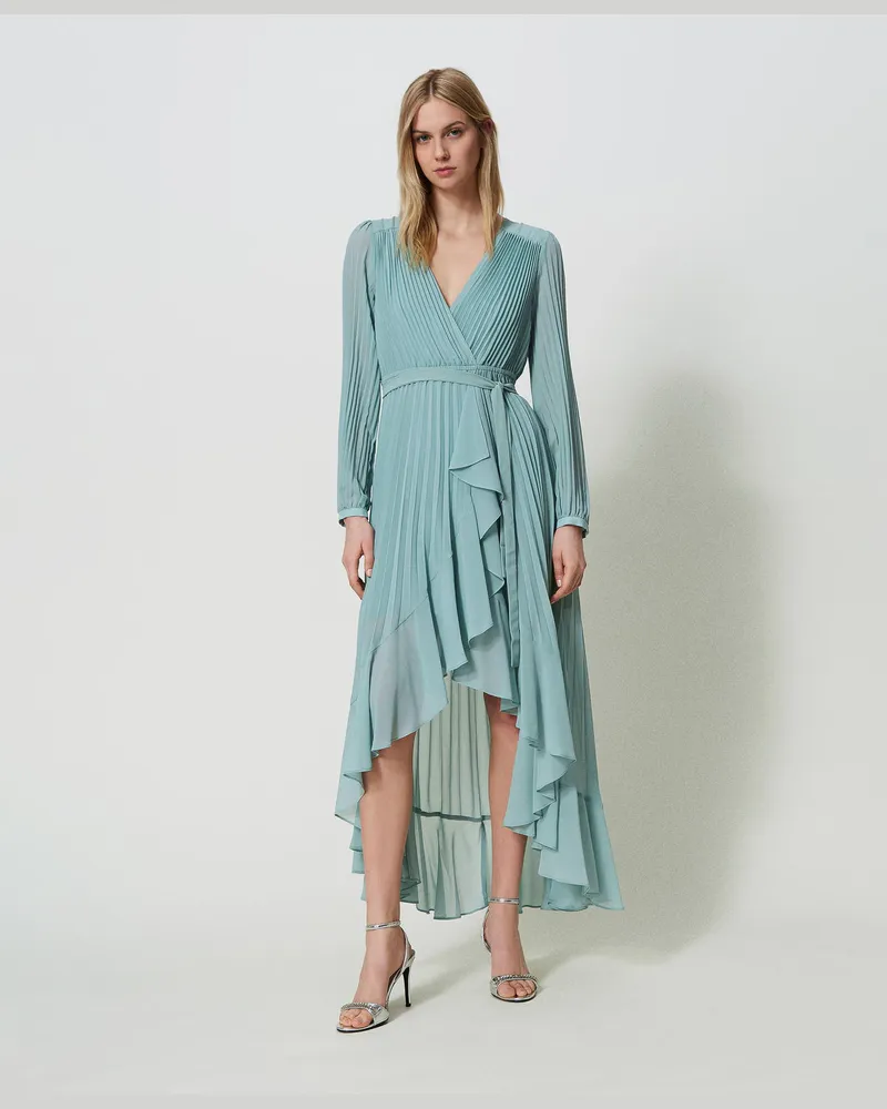 Twin-Set Kleider - Maxikleid aus plissiertem Georgette, Hellblau Lymphe, Plissee, Größe Hellblau