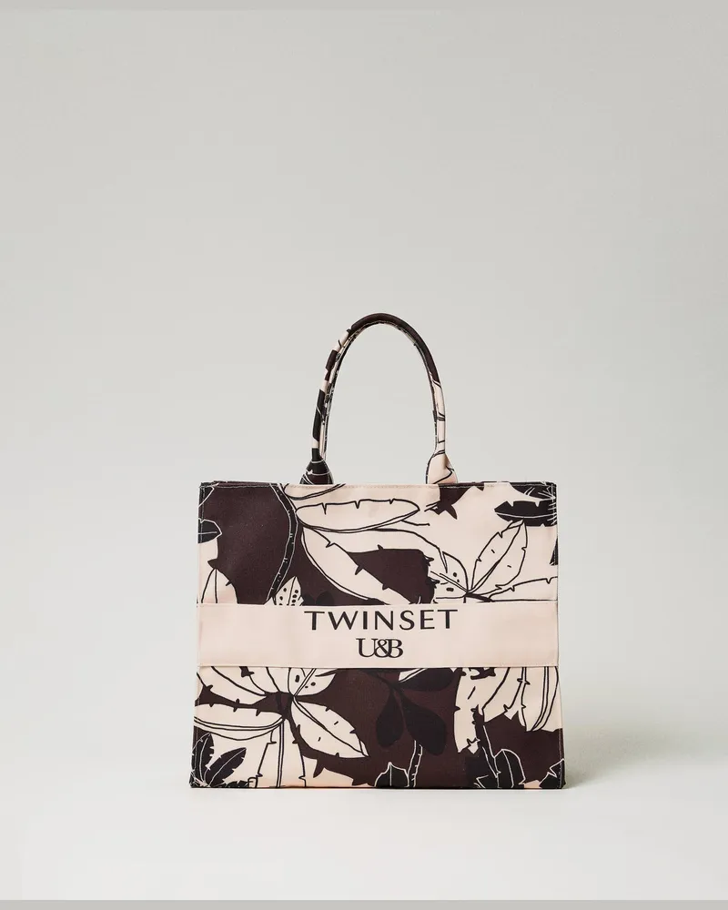 Twin-Set Bademode - Shopper aus Canvas mit Blumen, Print Exotic „Bitter Chocolate"-Braun, Einheitsgröße 