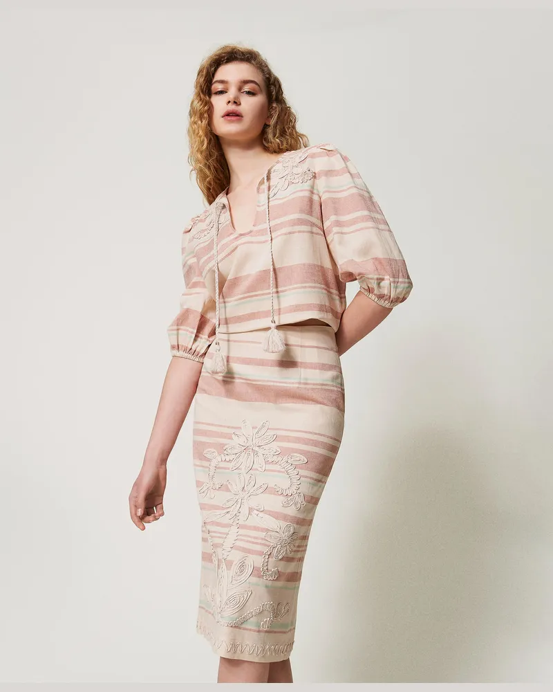 Twin-Set Bademode - Midirock aus Leinenmischung mit Stickereien, Streifen Almond Beige / Green Marine / Amber Brown, Gestreift, Größe: L 