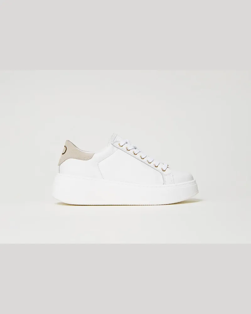 Twin-Set Schuhe - Sneakers aus Leder mit Kontrastdetail, Zweifarbig Optisches Weiß / „Parchment"-Beige, Größe Zweifarbig