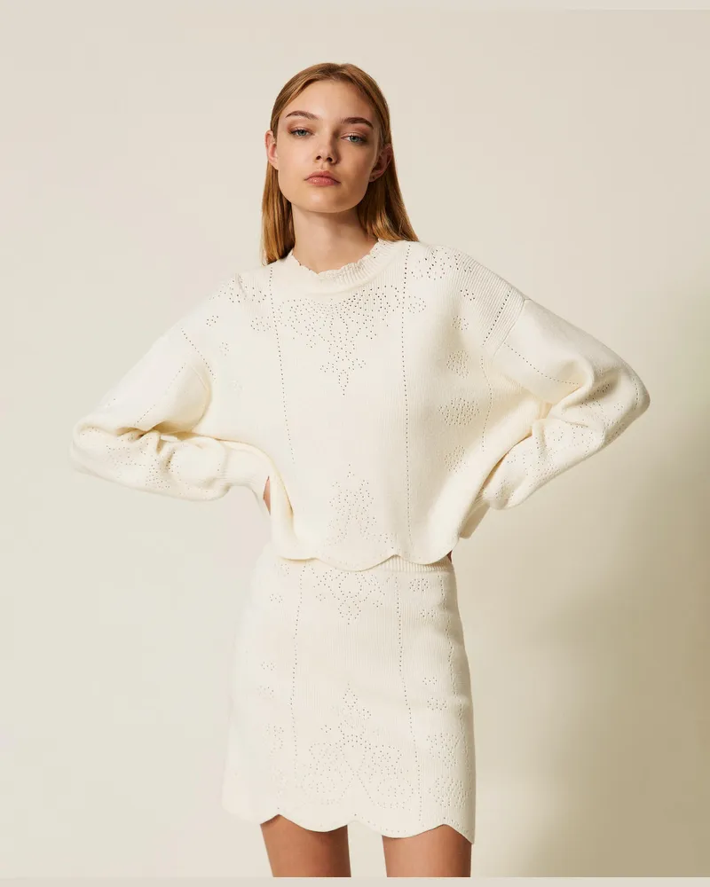 Twin-Set Cropped-Pullover mit Feston, Weiß Schnee, Größe: XXL 