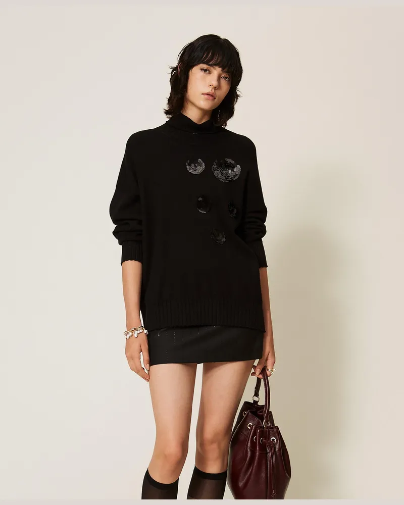 Twin-Set Rollkragenpullover mit aufgestickten Pailletten, Damen, Schwarz Schwarz