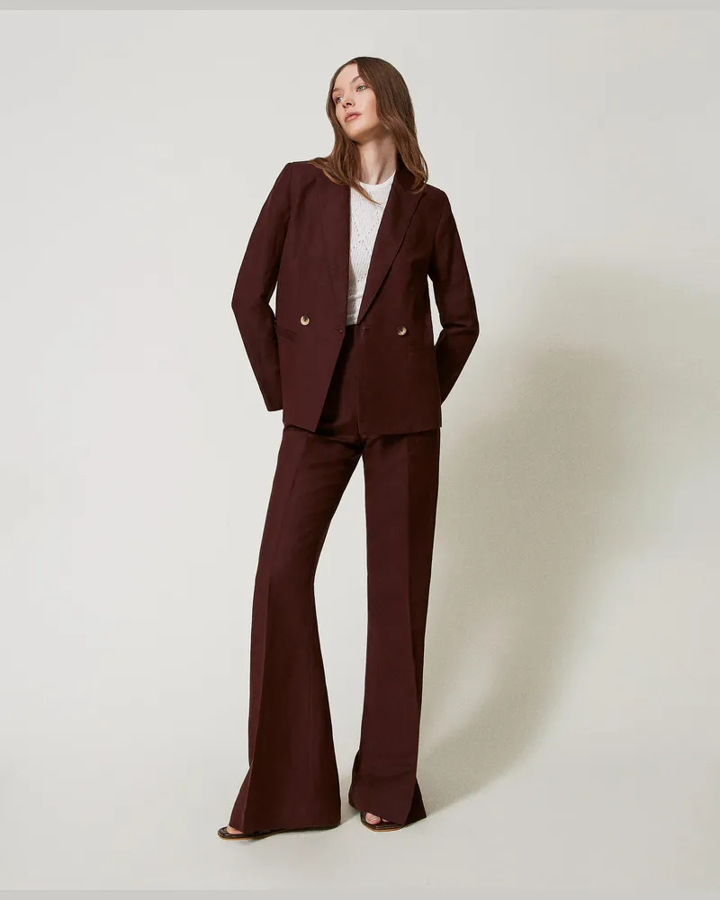 Twin-Set Jacken und Outerwear - Zweireihiger Blazer aus Leinenmischung, Coffee Liqueur, Größe Coffee