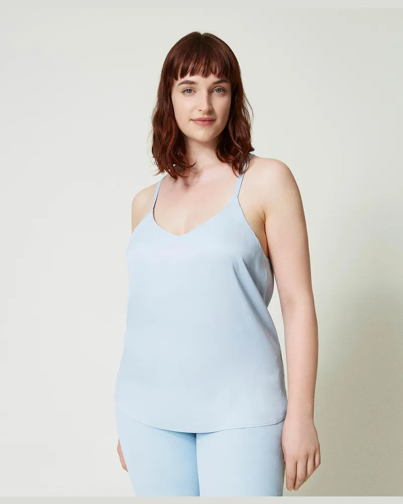 Twin-Set Tops - Trägertop aus Satin, „Blue Tear"-Azur, Größe: 50 