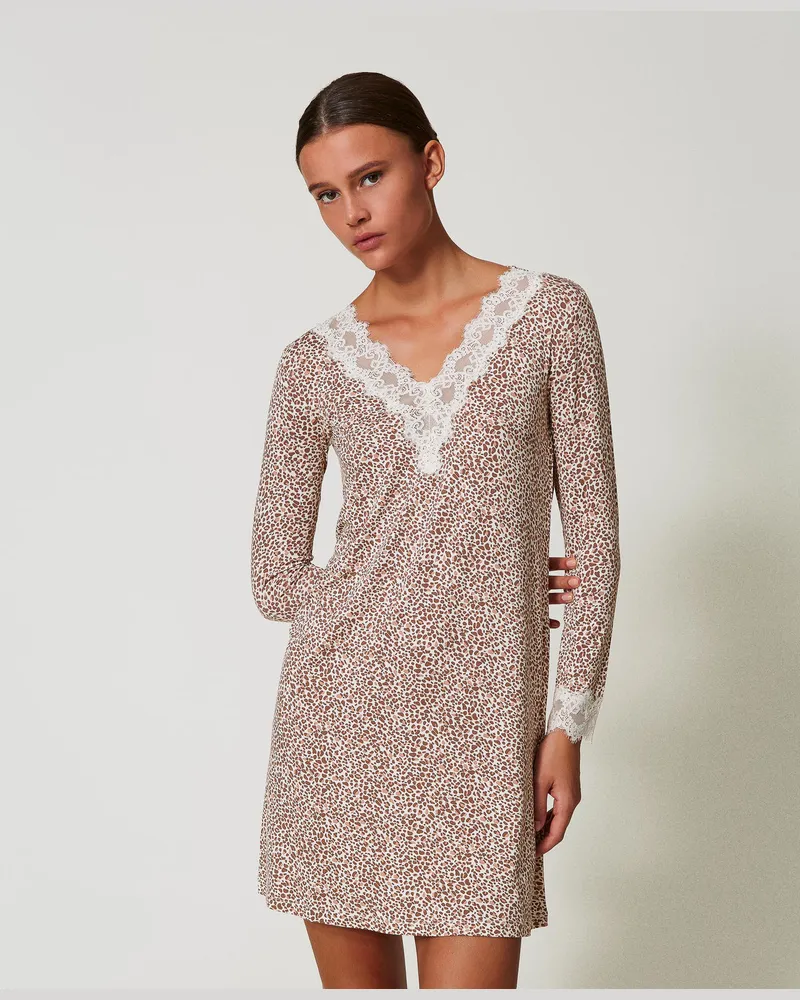 Twin-Set Unterwäsche - Bedrucktes Nachthemd mit Spitze, Multicolor-Animalprint, Größe: XS 