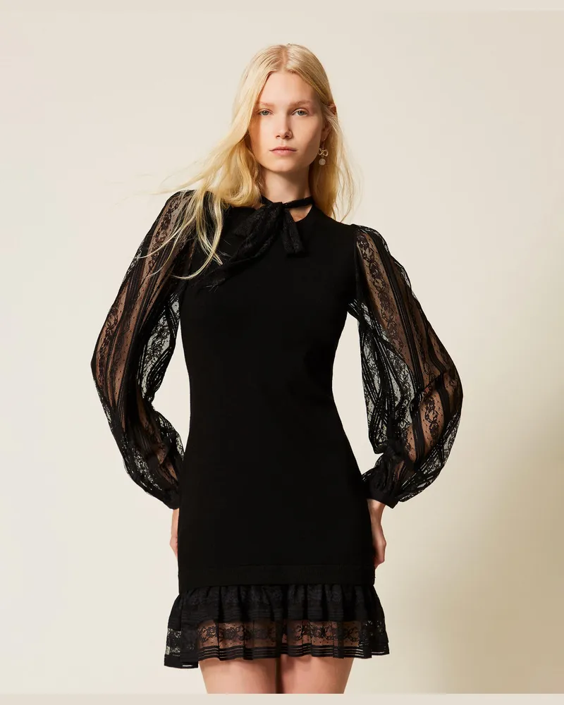 Twin-Set Kleider - Kurzes Kleid aus Strick und Spitze, Schwarz, Größe Schwarz