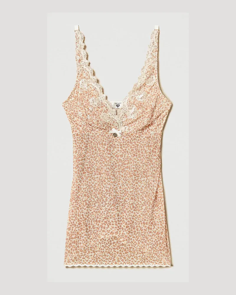 Twin-Set Tops - Top aus Tüll mit Animaldessin, Multicolor-Animalprint, Größe: S 