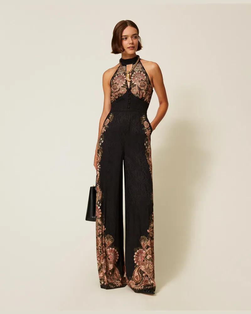 Twin-Set Kleider - Langer Jumpsuit aus Jacquard mit Print, Paisleyprint Schwarz / Rostbraun, Größe Paisleyprint