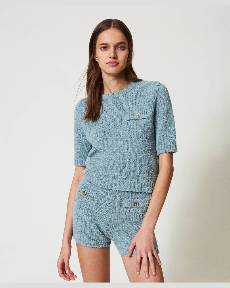 Twin-Set Hosen - Strickshorts mit „Oval T"-Knöpfen, "Zuckerpapier"-Grau, Baumwolle, Größe Zuckerpapier-grau