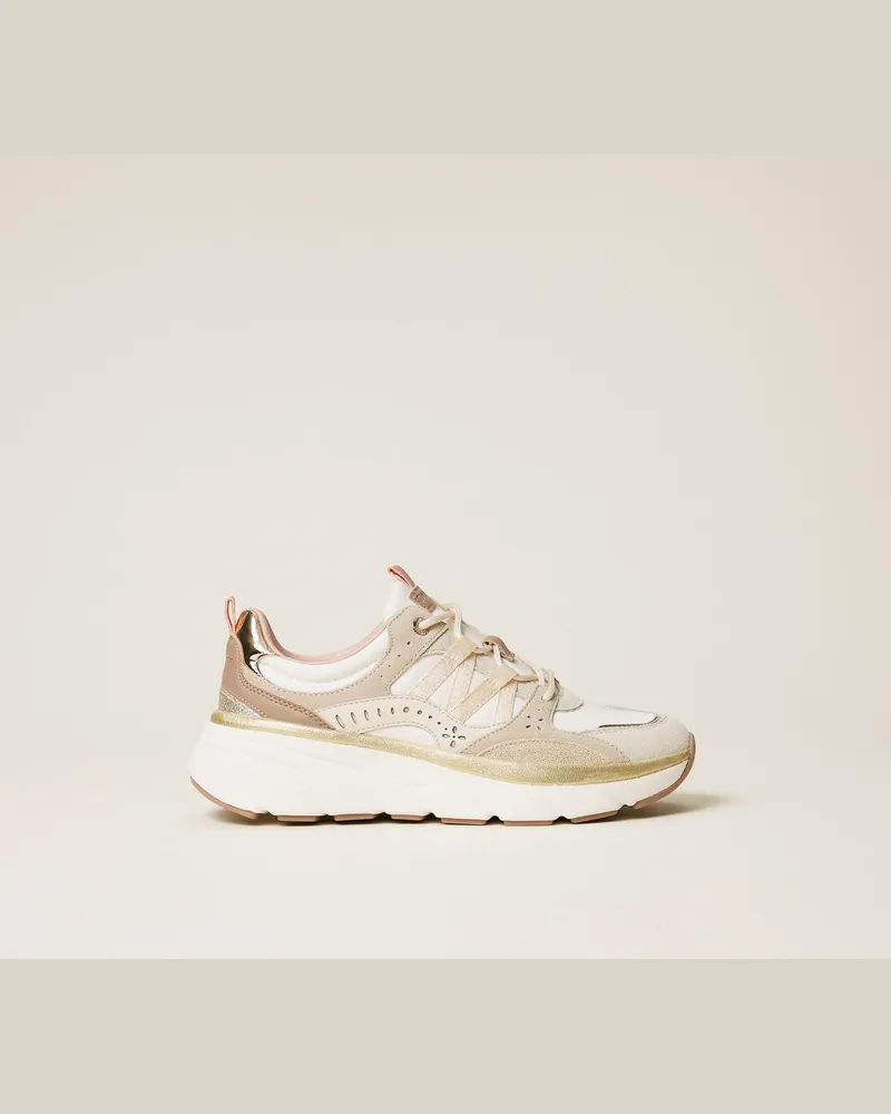 Twin-Set Schuhe - Sneakers im Laufschuhstil aus Leder und Netz, Zweifarbig Optik/"Parchment"-Beige/Silver, Größe Zweifarbig