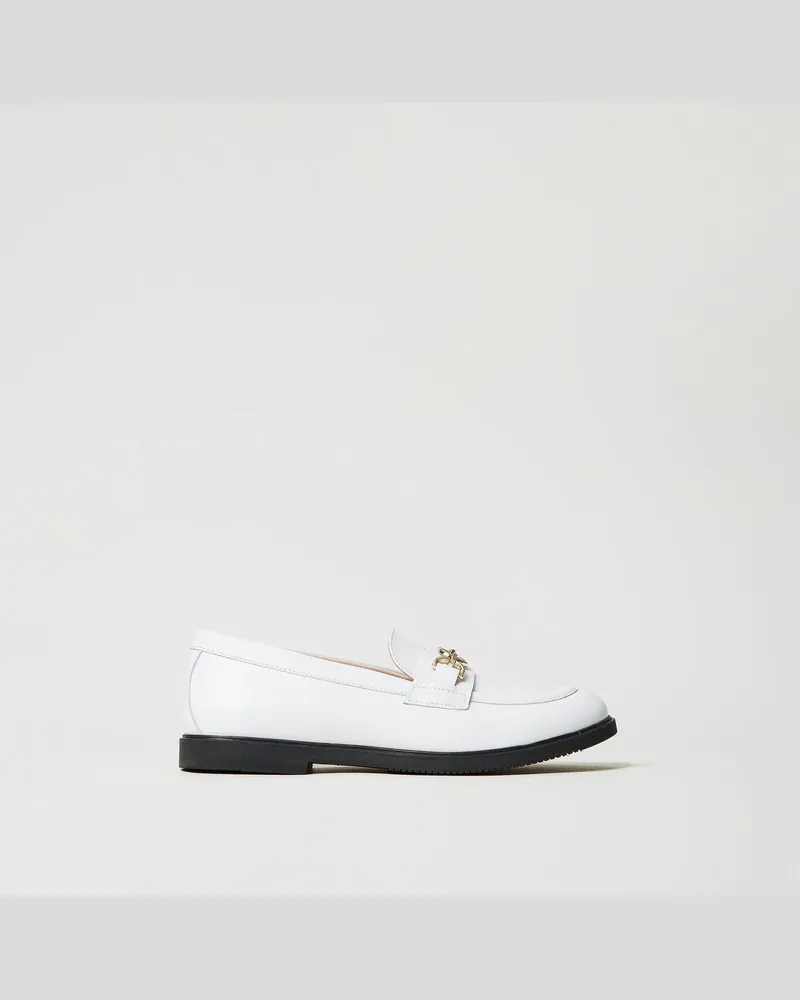 Twin-Set Schuhe - Mokassin mit Ziertrense, "Ice"-Weiß, Leder, Größe Ice-weiß