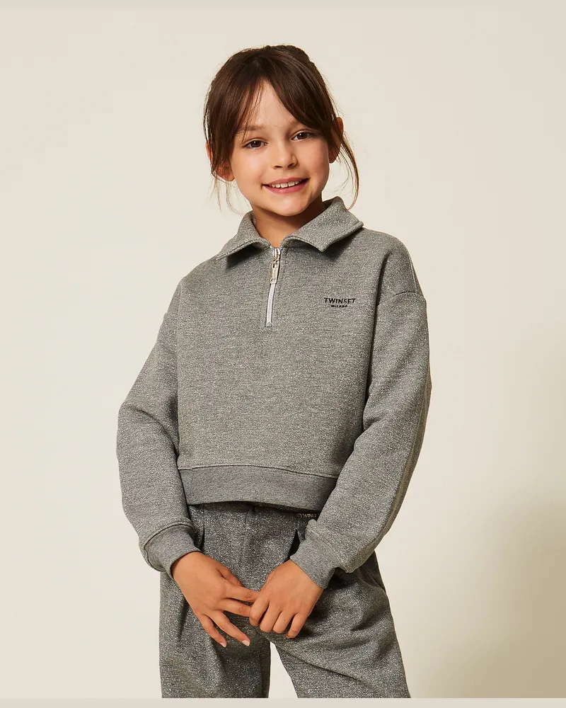 Twin-Set Sweatshirt mit Lurex und Sticklogo, Damen, Meliertes Dunkelgrau Meliertes