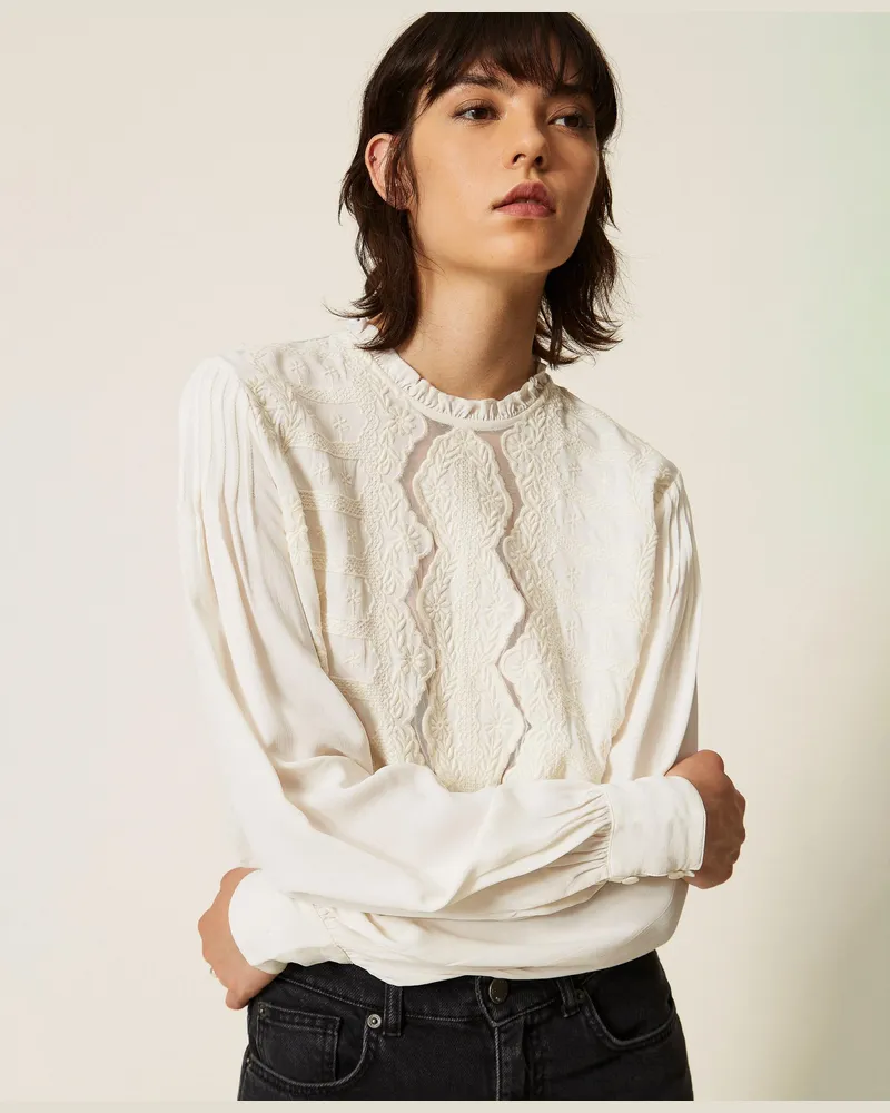 Twin-Set Crêpe-Bluse mit floralem Stickmotiv, Damen, Perlmutt Perlmutt