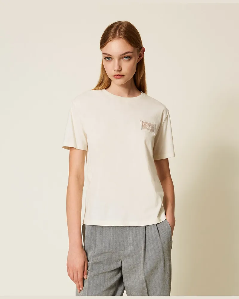 Twin-Set T-Shirts - T-Shirt im Regular-Fit mit Stickerei und Logo, Perlmutt, Baumwolle, Größe Perlmutt