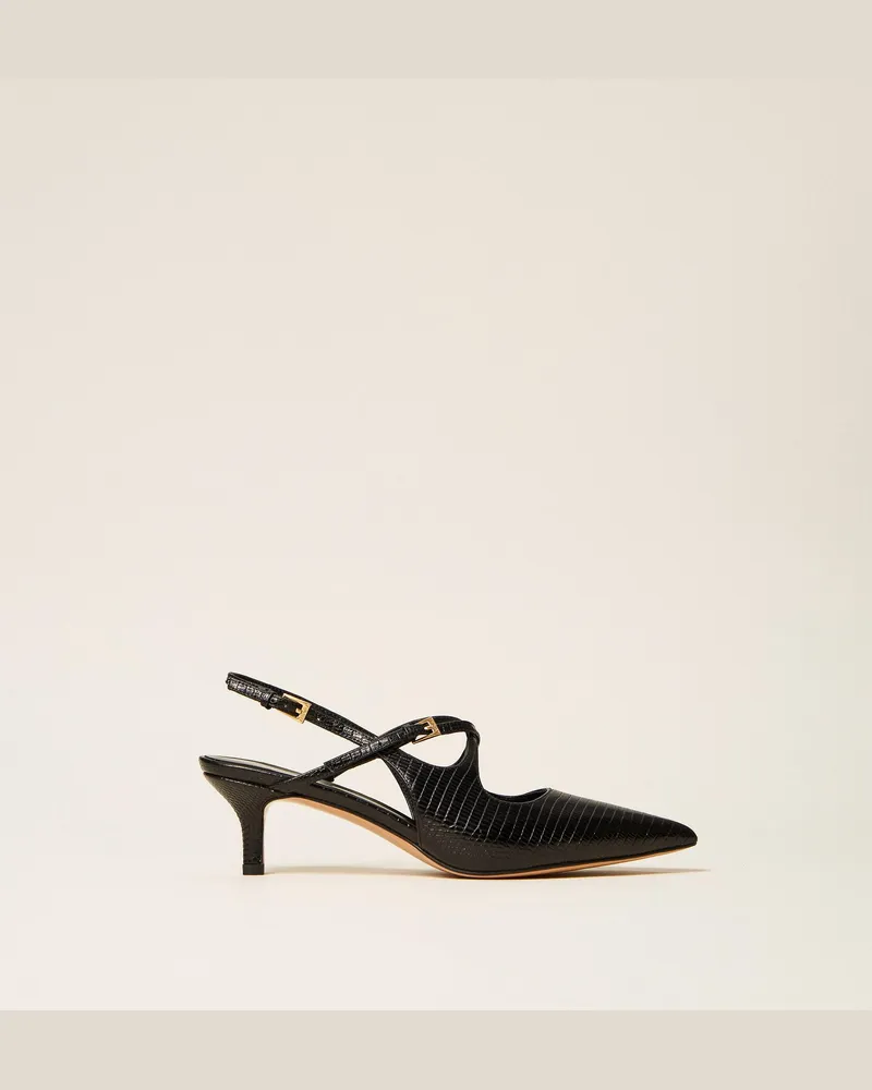 Twin-Set Slingback-Pumps aus Leder mit Riemchen, Damen, Karung-Print Schwarz Karung-print