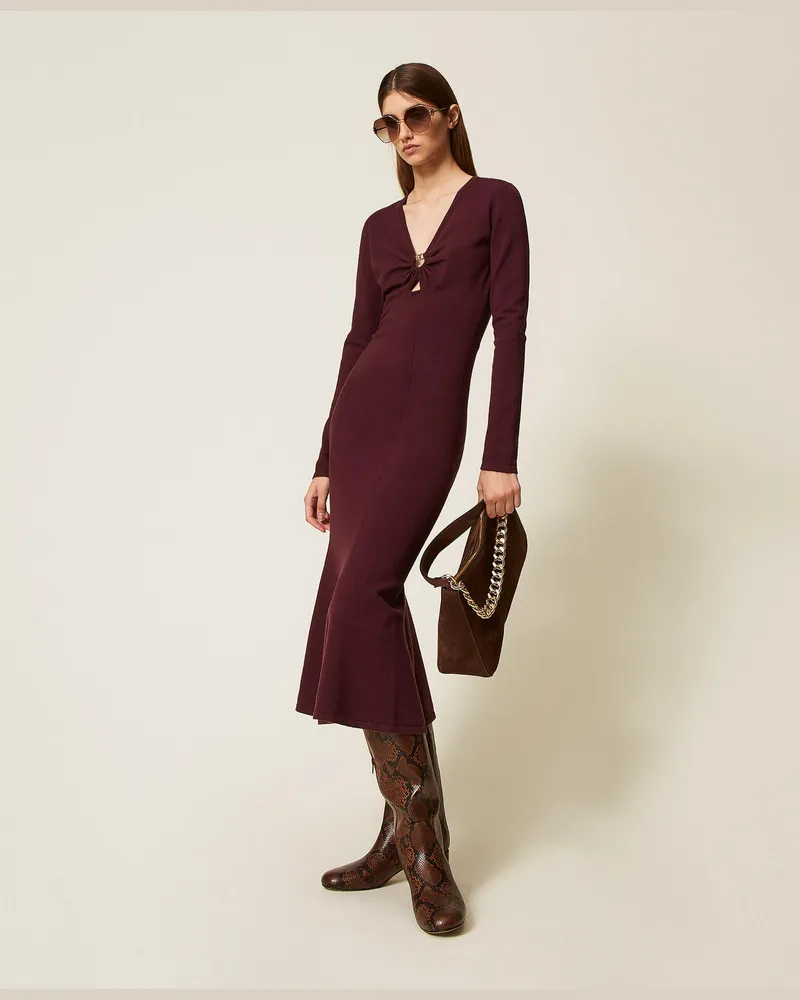 Twin-Set Kleider - Midi-Strickkleid mit Oval T, „Winetasting"-Violett, Größe „winetasting“-violett