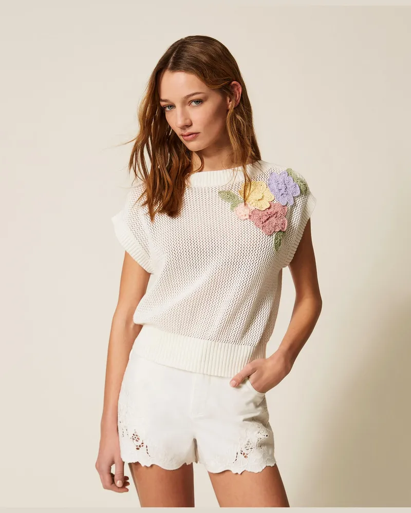 Twin-Set Pullover - Top mit floralem Motiv, "Parchment"-Beige, Baumwolle, Größe Parchment-beige