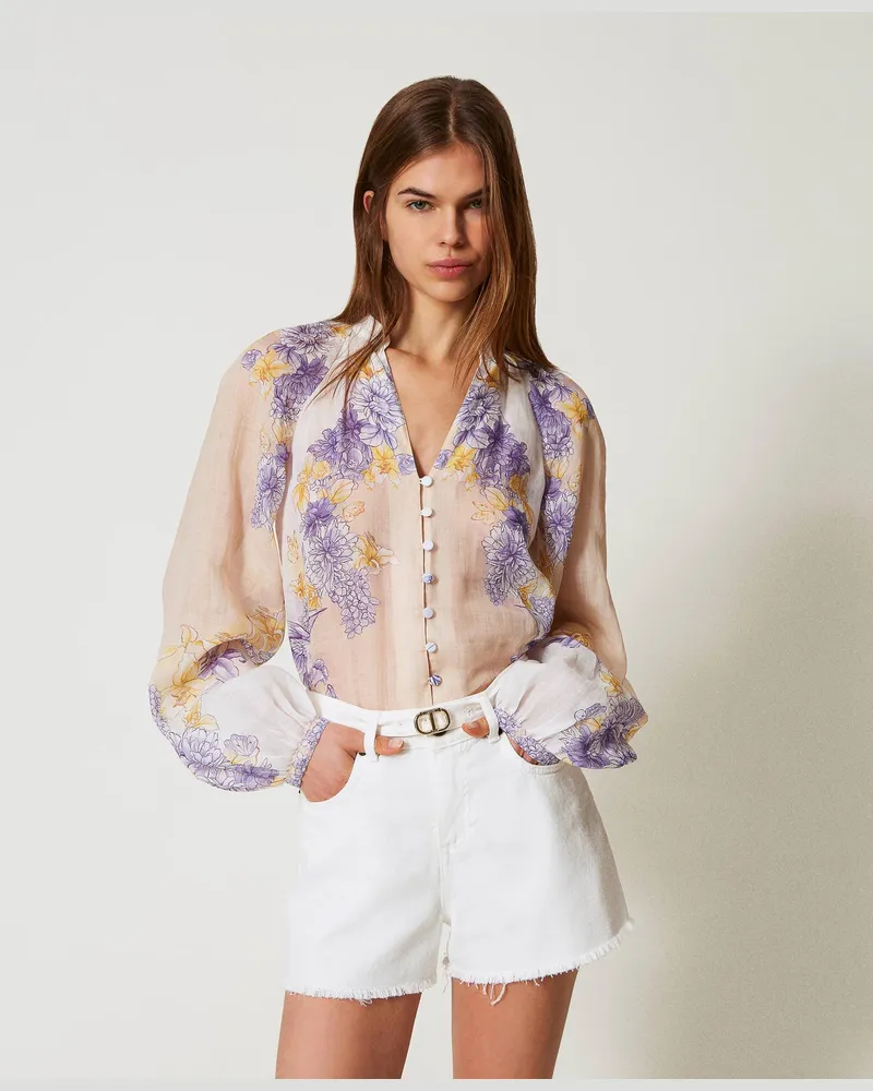 Twin-Set Hemden - Hemd aus Ramie mit Blumendessin, Flowers-Print / Kolibri Cold Lavender / Yellow, Größe Flowers-print