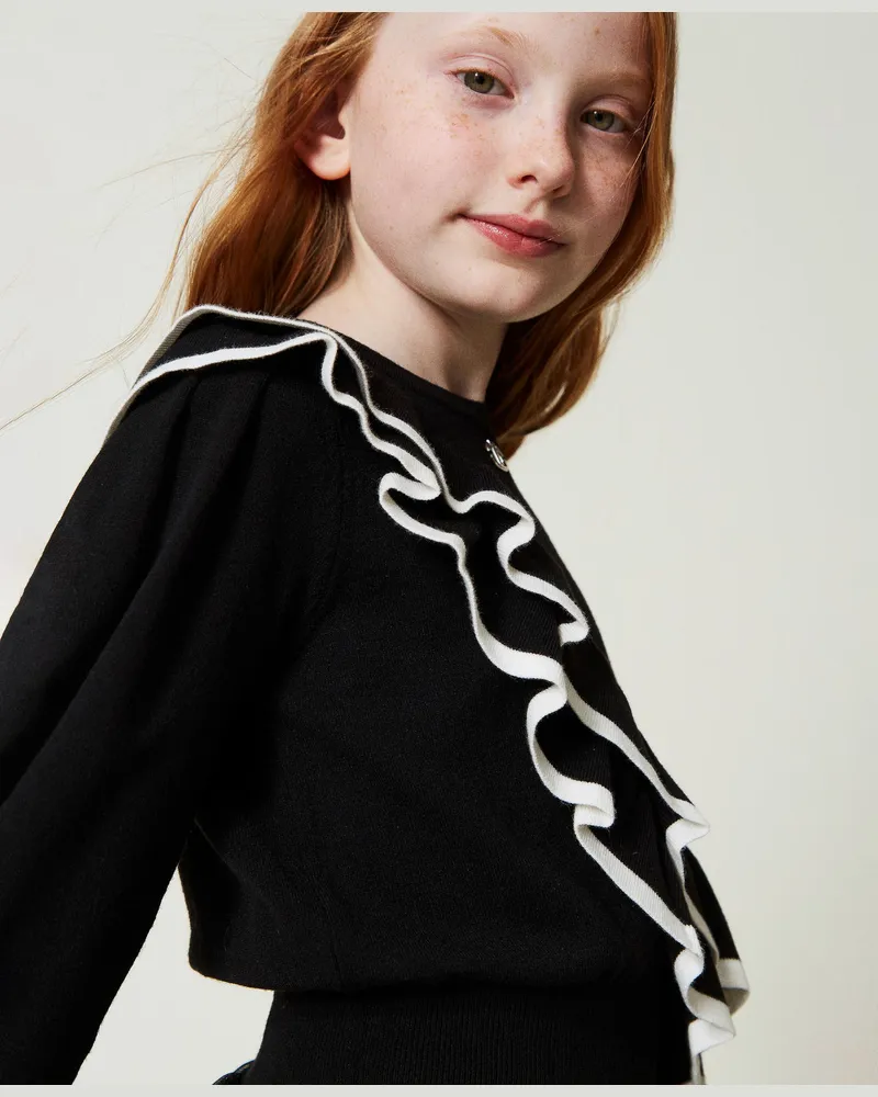 Twin-Set Regular-Fit-Pullover mit Doppelvolant, Zweifarbig Schwarz / Off White, Größe: 8A 