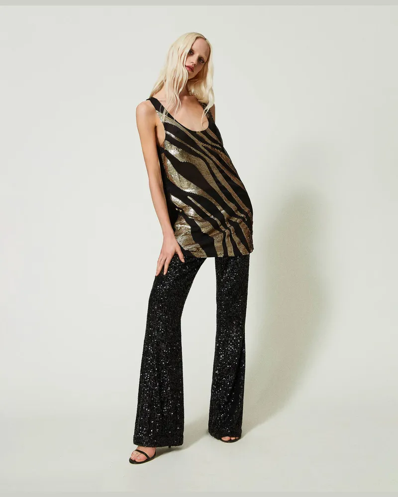 Twin-Set Bademode - Maxiträgerhemd mit Stickerei im Animalstil, Schwarz, Paillettes, Größe: M 