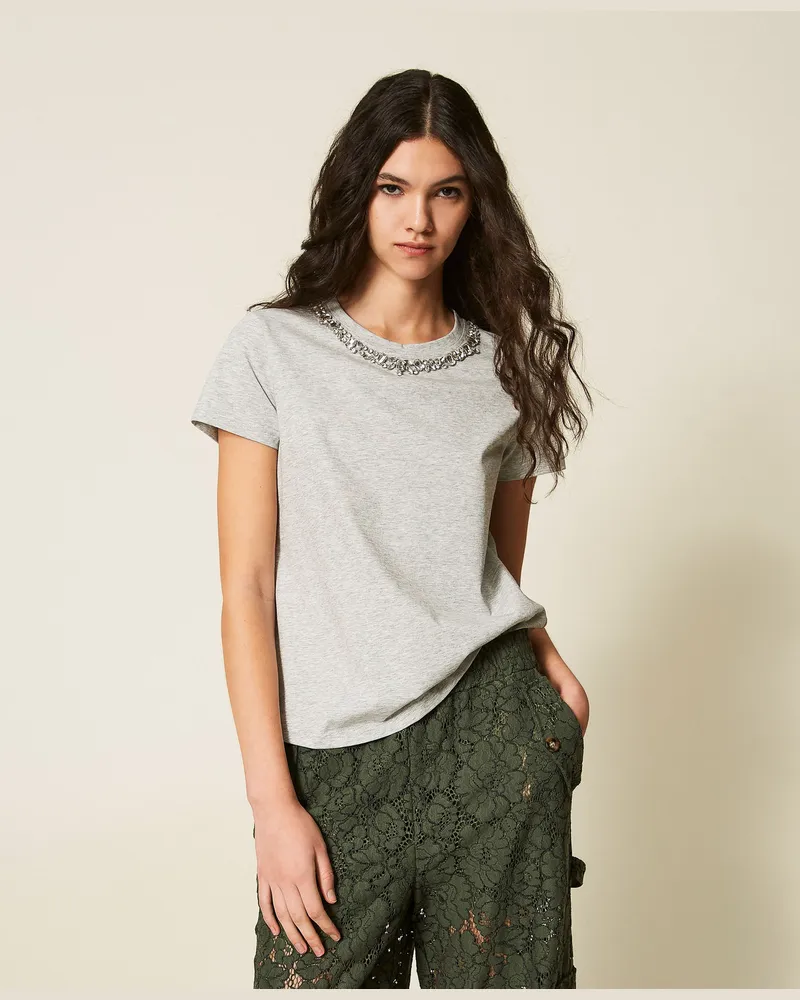 Twin-Set T-Shirts - Fitted-T-Shirt mit Cabochon-Stickerei, Hellgrau-Melange, Baumwolle, Größe Hellgrau-melange