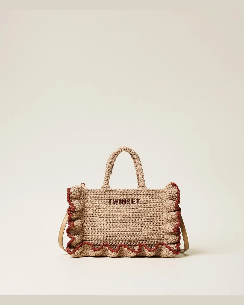Twin-Set Taschen - Umhängetasche im Häkeldessin mit Rüschen, Zweifarbig "Rope"-Beige/"Henna"-Braun, Einheitsgröße Zweifarbig
