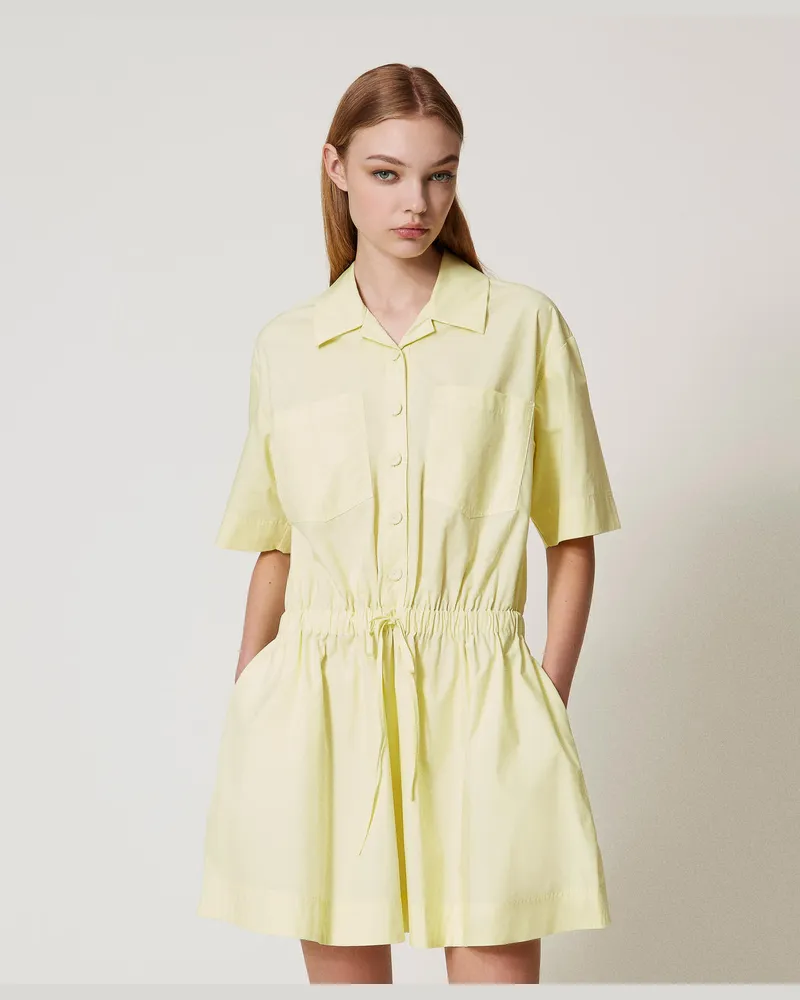 Twin-Set Kleider - Kurzes Kleid aus Popeline mit Tunnelzug, Yellow Pear, Baumwolle, Größe Yellow