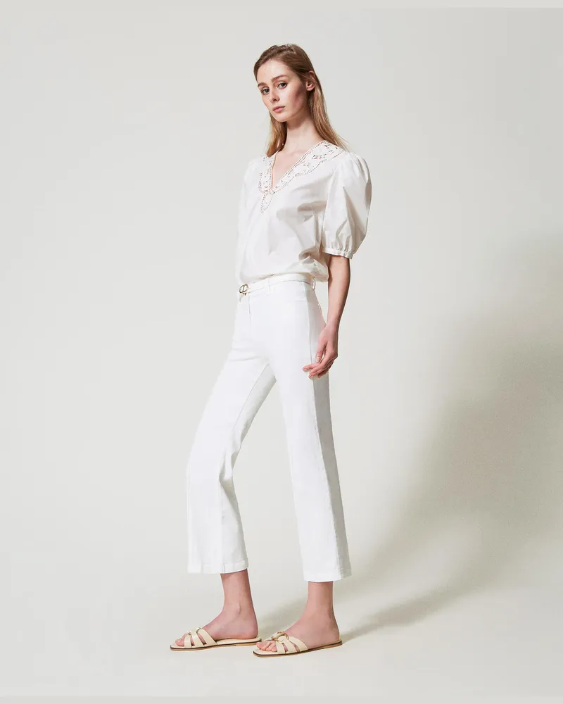 Twin-Set Hosen - Cropped-Hose aus Bull-Denim, Denim Weiß, Baumwolle, Größe Denim
